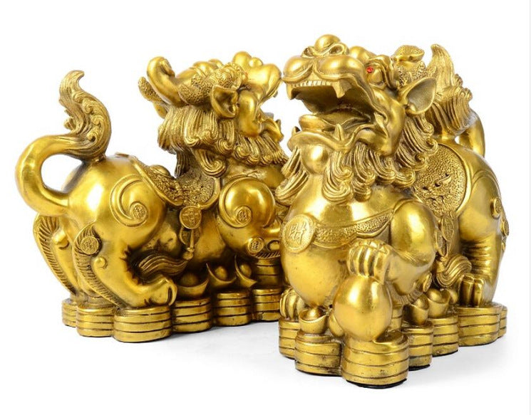 Feng Shui pi yao Brass Statue a Pair Wealth pixiu Sculpture Golden Home Decoration Figurine,Attract Money and Good Luck