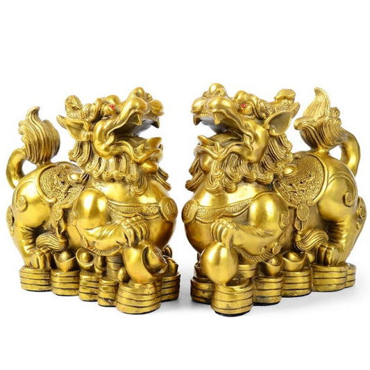 Feng Shui pi yao Brass Statue a Pair Wealth pixiu Sculpture Golden Home Decoration Figurine,Attract Money and Good Luck