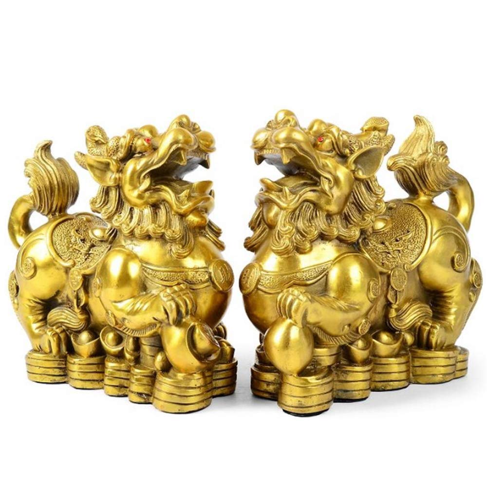 Feng Shui pi yao Brass Statue a Pair Wealth pixiu Sculpture Golden Home Decoration Figurine,Attract Money and Good Luck