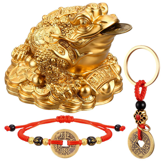3 Pieces Feng Shui Money Frog Lucky Money Toad Decorations Chinese Knot Lucky Coins with Keychain for Longevity Travel Safely Wealth Success and Good Luck for Attracting Wealth Success