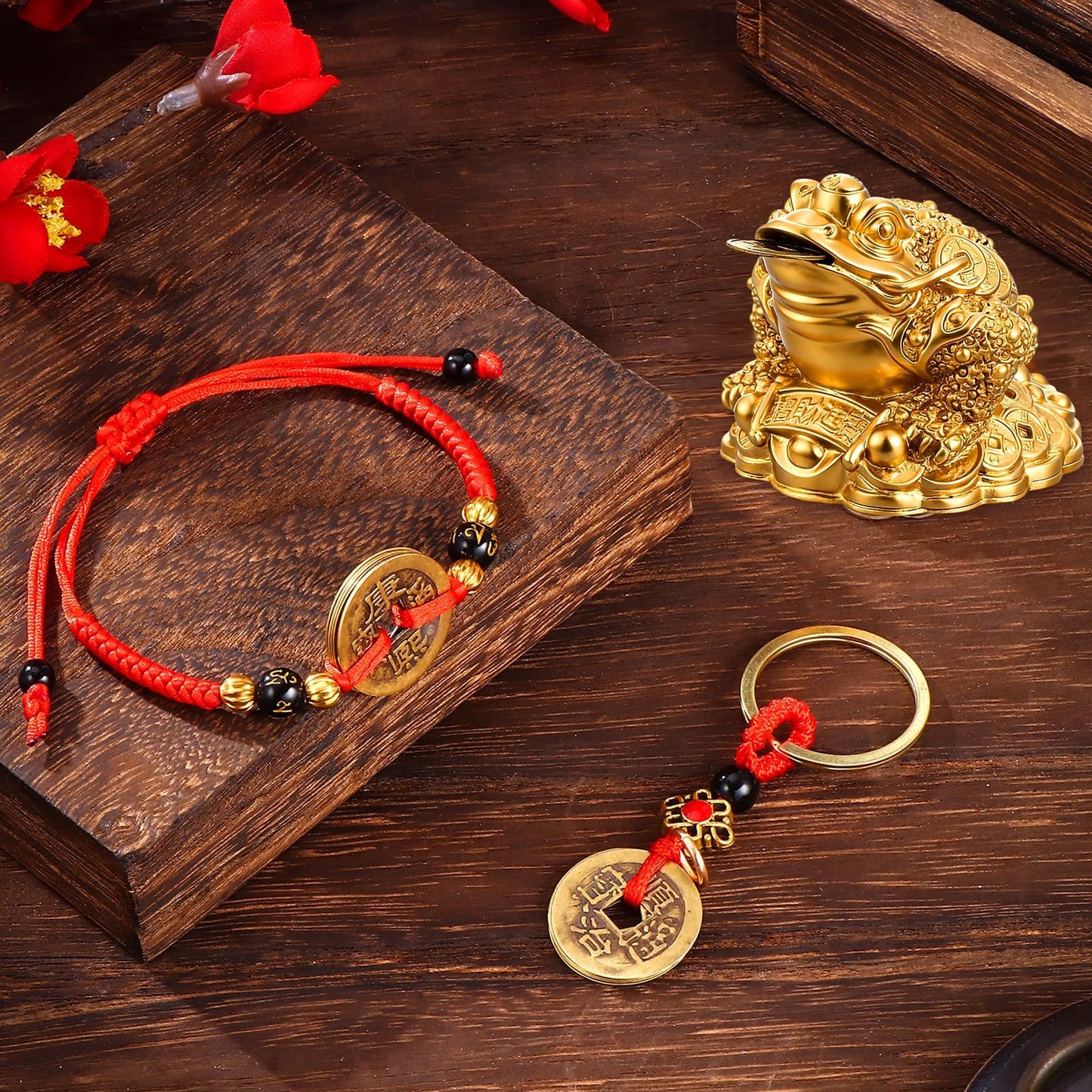 3 Pieces Feng Shui Money Frog Lucky Money Toad Decorations Chinese Knot Lucky Coins with Keychain for Longevity Travel Safely Wealth Success and Good Luck for Attracting Wealth Success