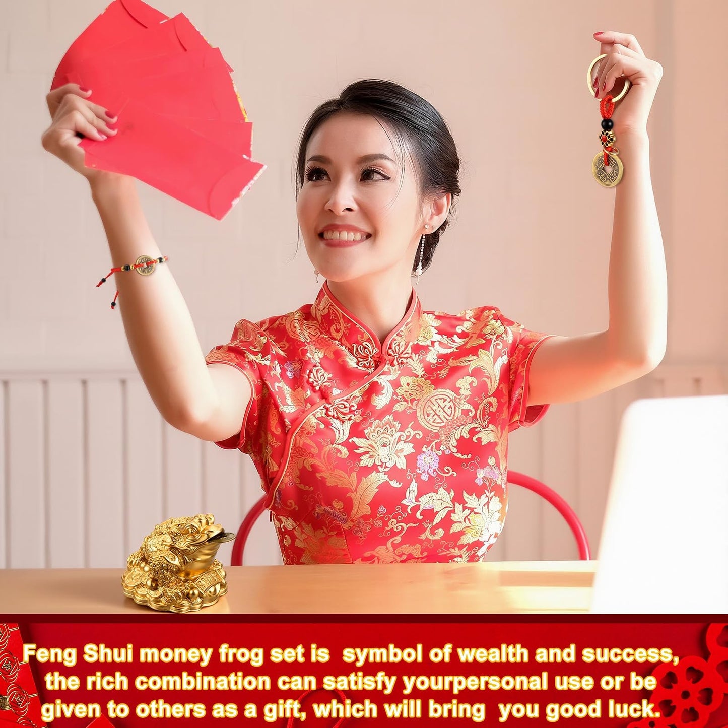 3 Pieces Feng Shui Money Frog Lucky Money Toad Decorations Chinese Knot Lucky Coins with Keychain for Longevity Travel Safely Wealth Success and Good Luck for Attracting Wealth Success